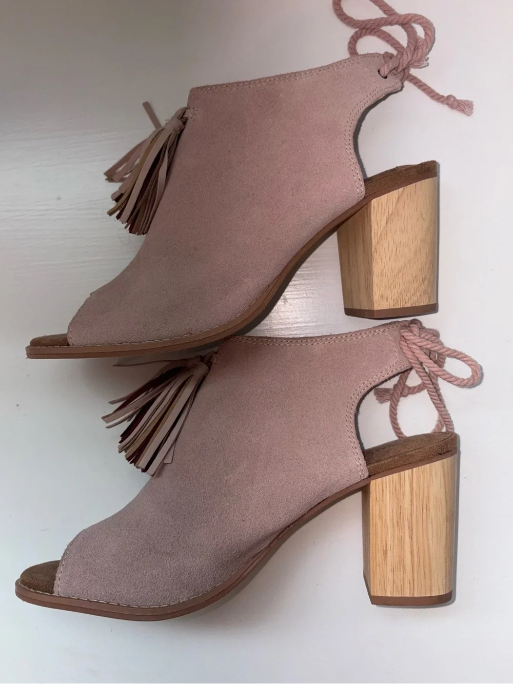 TOMS Elba Blush Suede Peep Toe Wood Block Heel  Womens 10